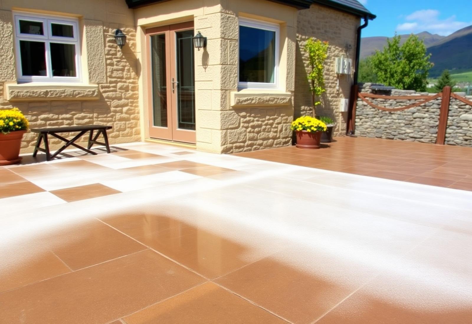 Freshly power-washed stone patio of a Lake District cottage